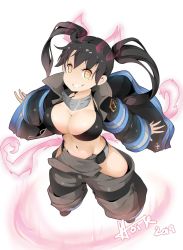 Rule 34 | 1girl, animal ears, artist name, bikini, bikini top only, black bikini, black hair, breasts, cat ears, cat tail, cleavage, coat, collar, curvy, en&#039;en no shouboutai, fire, from above, full body, groin, hair between eyes, highres, hip vent, hot vr, large breasts, legs apart, looking at viewer, navel, neon trim, shiny skin, simple background, smile, solo, standing, stomach, swimsuit, tail, tamaki kotatsu, twintails, white background, wide hips, yellow eyes