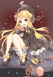 Rule 34 | 1girl, abigail williams (fate), absurdres, bad id, bad pixiv id, black bow, black dress, black footwear, black hat, blonde hair, bloomers, bow, brown background, bug, butterfly, dress, fang, fate/grand order, fate (series), hair bow, hands in opposite sleeves, hat, head tilt, high heels, highres, hiro (14806390), holding, holding stuffed toy, insect, long hair, long sleeves, looking at viewer, open mouth, orange bow, parted bangs, polka dot, polka dot bow, purple eyes, sitting, sitting on object, solo, star (symbol), starry background, stuffed animal, stuffed toy, teddy bear, underwear, very long hair, white bloomers