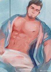 Rule 34 | 1boy, abs, afloat, akiyama (aki11018655), bara, bare pectorals, beard, bulge, erection, erection under clothes, expressionless, facial hair, feet out of frame, from above, highres, large pectorals, legs apart, lying, male focus, mature male, muscular, muscular male, navel, nipples, on back, open clothes, open shirt, original, painterly, pectorals, shirt, short hair, solo, stomach, thick eyebrows, wet, wet clothes, wet pants, wet shirt