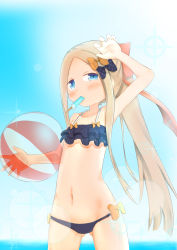 Rule 34 | 1girl, abigail williams (fate), absurdres, alternate hairstyle, arm up, ball, bare arms, bare shoulders, beachball, bikini, black bikini, black bow, blue eyes, blue sky, blush, bow, collarbone, commentary request, cowboy shot, day, fate/grand order, fate (series), food, food in mouth, forehead, gluteal fold, hair bow, highres, holding, holding ball, horizon, layered bikini, light brown hair, long hair, mouth hold, navel, ocean, orange bow, outdoors, parted bangs, polka dot, polka dot bow, ponytail, popsicle, shading eyes, sidelocks, sky, solo, sparkle, su guryu, swimsuit, transparent, very long hair, water