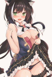 Rule 34 | 1girl, animal ear fluff, animal ears, black hair, black panties, breasts, cat ears, cat girl, cat tail, commentary request, fang, green eyes, grey background, highres, karyl (princess connect!), lifted by self, long hair, looking at viewer, low twintails, medium breasts, multicolored hair, open mouth, panties, princess connect!, sevens (treefeather), simple background, sleeveless, solo, streaked hair, sweat, tail, twintails, underwear, white hair