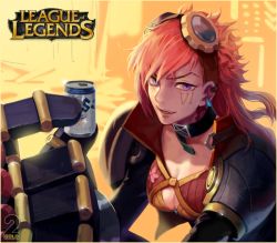 Rule 34 | 1girl, 2gold, blue eyes, breasts, cleavage, copyright name, drink, earrings, fangs, goggles, jewelry, league of legends, long sleeves, looking at viewer, single mechanical arm, mechanical arms, open mouth, pink hair, smile, solo, vi (league of legends)