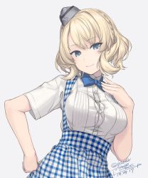 Rule 34 | 1girl, apron, blonde hair, blue apron, blue bow, blue eyes, blue neckwear, bow, bowtie, braid, breasts, button gap, closed mouth, colorado (kancolle), dated, employee uniform, garrison cap, gingham, gingham apron, gingham skirt, grey background, grey hat, hand on own chest, hand on own hip, hand up, hat, high-waist skirt, kantai collection, kobeya uniform, leaning to the side, looking at viewer, medium breasts, pleated shirt, rokuwata tomoe, short hair, short sleeves, side braids, signature, simple background, skirt, smile, suspender skirt, suspenders, tongs, twitter username, uniform, upper body, waitress, wavy hair