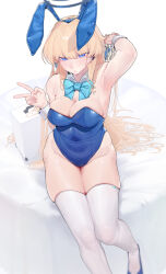 Rule 34 | 1girl, absurdres, animal ears, aqua bow, aqua bowtie, arm up, armpit crease, armpits, bed sheet, blonde hair, blue archive, blue eyes, blue footwear, blue leotard, blush, bow, bowtie, breasts, cleavage, covered navel, detached collar, fake animal ears, foot out of frame, groin, halo, hand up, highleg, highleg leotard, highres, leotard, looking at viewer, medium breasts, playboy bunny, rabbit ears, rounan58287, sitting, skindentation, solo, strapless, strapless leotard, thighhighs, thighs, toki (blue archive), toki (bunny) (blue archive), v, white thighhighs, wrist cuffs