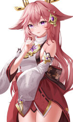 Rule 34 | 1girl, animal ears, commentary request, detached sleeves, droopy ears, fox ears, genshin impact, hair between eyes, hair ornament, highres, jewelry, long hair, long sleeves, looking at viewer, necklace, nersiyan, nontraditional miko, parted lips, playing with own hair, ribbon-trimmed sleeves, ribbon trim, sidelocks, simple background, solo, vision (genshin impact), white background, wide sleeves, yae miko