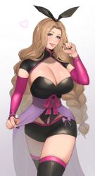 Rule 34 | 1girl, black skirt, black thighhighs, blonde hair, bow, braid, breasts, cleavage, commentary, english commentary, highres, indie virtual youtuber, kitty keihara, large breasts, long hair, looking at viewer, pink bow, rosey (vtuber), second-party source, skindentation, skirt, smile, solo, thighhighs, twin braids, very long hair, virtual youtuber, walking