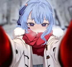 Rule 34 | 1girl, blue eyes, blue hair, blunt bangs, blush, coat, duffel coat, fur-trimmed coat, fur-trimmed hood, fur-trimmed scarf, fur trim, gloves, hair between eyes, hair ribbon, highres, hololive, hood, hoshimachi suisei, jewelry, looking at viewer, meme, mittens, open clothes, open coat, open mouth, plaid, plaid skirt, pov, pov cheek warming (meme), reaching, reaching towards viewer, red gloves, red mittens, red scarf, ribbon, scarf, side ponytail, sidelocks, skirt, snow, snowing, solo, tomanesan, virtual youtuber, white coat, winter clothes, winter coat, winter gloves