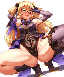 Rule 34 | 1girl, ass, bare shoulders, blonde hair, blush, boots, bow, breasts, eyepatch, fischl (genshin impact), garter straps, genshin impact, gloves, green eyes, hair over one eye, highres, long hair, looking at viewer, magukappu, open mouth, purple bow, purple neckwear, simple background, single thighhigh, small breasts, smile, spread legs, squatting, sweat, thighhighs, two side up, v, white background