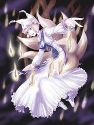 Rule 34 | 1girl, animal ears, animal hat, blonde hair, burning, dress, female focus, floating, fox ears, fox tail, full body, hat, kyuu umi, long sleeves, mob cap, multiple tails, ofuda, open mouth, outstretched arms, purple eyes, shoes, short hair, smile, solo, spread arms, tabard, tail, tassel, touhou, yakumo ran