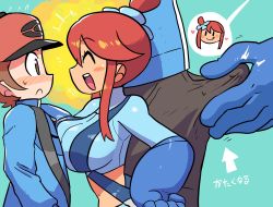 Rule 34 | +++, 1boy, 1girl, :d, :q, ^^^, absurdres, arrow (symbol), blue gloves, blue jacket, blue shirt, blush, blush stickers, breast press, breasts, brown eyes, brown hair, bulge, closed mouth, creatures (company), erection, erection under clothes, flying sweatdrops, from side, game freak, gloved handjob, gloves, hand on own hip, handjob, handjob over clothes, hat, hetero, highres, hilbert (pokemon), jacket, large breasts, nintendo, nose blush, open mouth, pokemon, pokemon bw, rariatto (ganguri), red hair, red headwear, shirt, sideways mouth, skyla (pokemon), smile, spoken character, sweat, tongue, tongue out, topknot, translation request, wide-eyed