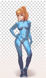 Rule 34 | 1girl, abs, black-rayal, blonde hair, blue eyes, bodysuit, breasts, cameltoe, circles in background, full body, gradient background, hair between eyes, hand on own hip, highres, looking at viewer, metroid, metroid: zero mission, mole, nintendo, samus aran, skin tight, solo, zero suit