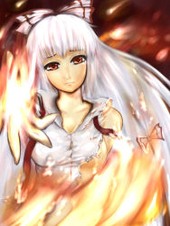 Rule 34 | 1girl, breasts, female focus, fire, fujiwara no mokou, gradient background, highres, inutokage, large breasts, long hair, ribbon, silver hair, solo, tears, torn clothes, touhou, underboob, upper body