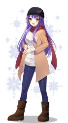 Rule 34 | 1girl, absurdres, beanie, black hat, blue pants, blush, boots, breasts, brown coat, brown footwear, coat, commentary, english commentary, fang, fingers together, full body, hair ornament, hat, highres, long hair, medium breasts, open mouth, pants, purple hair, red scarf, scarf, shinhrofficer, simple background, smile, solo, standing, sweater, tsunderia, virtual youtuber, white background, white sweater, x hair ornament, yazaki kallin, yellow eyes