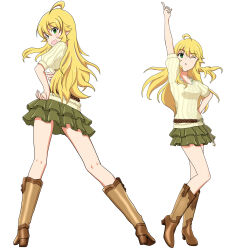Rule 34 | :d, ;o, arm behind back, arm up, bare legs, blonde hair, blush, boots, commentary request, facing viewer, from behind, full body, green eyes, green skirt, hand on own hip, high heel boots, high heels, highres, hoshii miki, idolmaster, idolmaster million live!, idolmaster million live! theater days, index finger raised, knee boots, layered skirt, leg up, legs apart, long hair, looking at viewer, looking back, miniskirt, one eye closed, open mouth, pointing, pointing at viewer, pointing up, short sleeves, simple background, skirt, smile, very long hair, white background, yoc-kun
