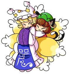 Rule 34 | 2girls, :3, animal ears, animal hat, blonde hair, blush stickers, brown hair, cat ears, cat tail, chen, closed eyes, commentary, dress, earrings, fox tail, frills, hands in opposite sleeves, hat, jewelry, mob cap, multiple girls, multiple tails, peachems (gemu), mob cap, short hair, smile, tail, tassel, touhou, transparent background, white dress, yakumo ran