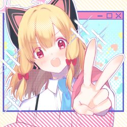 Rule 34 | 1girl, :3, :d, animal ear headphones, animal ears, blonde hair, blue archive, blue background, blue necktie, blunt bangs, blush, bow, cat ears, close-up, collared shirt, commentary request, fake animal ears, foreshortening, hair between eyes, hair bow, halo, hand up, happy, head tilt, headphones, heart, highres, looking at viewer, medium hair, momoi (blue archive), momokokuma, necktie, open mouth, pink halo, polka dot, polka dot background, red bow, red eyes, shirt, simple background, smile, sparkle, striped, striped background, tareme, teeth, upper teeth only, v, v-shaped eyebrows, white shirt, window (computing), yellow background