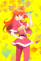Rule 34 | 1girl, araizumi rui, belt, black belt, blue headband, blush, breasts, commentary request, earrings, floating hair, from behind, hand on own hip, headband, highres, jacket, jewelry, lina inverse, long hair, looking back, one eye closed, orange hair, pants, pink jacket, pink pants, red eyes, slayers, small breasts, smile, solo, twitter username, v, watermark, yellow background