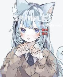 Rule 34 | 1girl, animal ear fluff, animal ears, black necktie, blue eyes, blush, bow, brown sweater, cat ears, cat tail, chestnut mouth, collar, collared shirt, fingernails, grey hair, hair bow, hands up, highres, hirominomusi, long hair, long sleeves, looking at viewer, necktie, open mouth, original, red bow, sample watermark, shirt, sidelocks, simple background, solo, straight-on, sweater, tail, twitter username, upper body, watermark, white background, white collar, white shirt