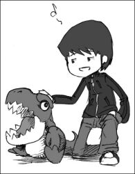 Rule 34 | 1boy, 1other, digimon, digimon (creature), dinosaur, dragon, expressionless, full body, gaossmon, looking at another, lowres, monochrome, musical note, original, sharp teeth, short hair, simple background, sitting, smile, tail, teeth, white background