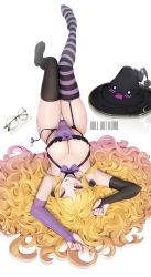 Rule 34 | 1girl, absurdres, blonde hair, bow, bowtie, breasts, cameltoe, cleft of venus, earrings, eyeshadow, fingerless gloves, flower, flower earrings, garter belt, garter straps, glasses, glasses removed, gloves, gluteal fold, green eyes, hat, highres, indie virtual youtuber, jewelry, large breasts, lingerie, lipstick, long hair, looking at viewer, lying, makeup, multi-colored eyes, nail polish, navel, panties, personification, purple eyes, purple eyeshadow, purple lips, purple nails, purple panties, purple ribbon, ribbon, roll out road, rose, ruby cinderbrooke, solo, striped clothes, striped thighhighs, thighhighs, underwear, unworn hat, unworn headwear, very long hair, virtual youtuber, white background, witch, witch hat