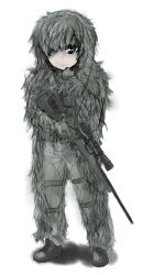 Rule 34 | 1girl, :&lt;, bad id, bad pixiv id, bolt action, boots, call of duty, call of duty 4, camouflage, ghillie suit, greyscale, gun, hand to own mouth, m40a3, military, military operator, military uniform, monochrome, remington model 700, rifle, sigama, sniper, sniper rifle, solo, uniform, weapon