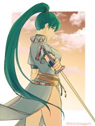 Rule 34 | 1girl, absurdres, cloud, earrings, fingerless gloves, fire emblem, fire emblem: the blazing blade, gloves, green eyes, green hair, high ponytail, highres, jewelry, long hair, looking at viewer, lyn (fire emblem), nintendo, nishimura (nianiamu), pelvic curtain, ponytail, side slit, smile, solo, sword, very long hair, weapon