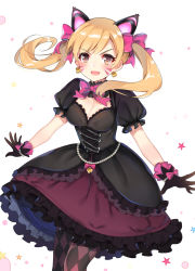 Rule 34 | 1girl, animal ears, argyle, argyle clothes, argyle legwear, black cat d.va, black dress, black gloves, blonde hair, blush, bow, bowtie, bracelet, breasts, brown eyes, cat ears, cleavage, cleavage cutout, clothing cutout, d.va (overwatch), dress, earrings, eyelashes, facial mark, fake animal ears, frilled dress, frilled sleeves, frills, gloves, gothic lolita, hair bow, heart, heart earrings, highres, jewelry, layered dress, lolita fashion, long hair, looking at viewer, medium breasts, official alternate costume, overwatch, overwatch 1, pantyhose, pearl bracelet, pink bow, pink bowtie, puffy short sleeves, puffy sleeves, purple pantyhose, short sleeves, simple background, solo, twintails, v-shaped eyebrows, whisker markings, white background, zonana