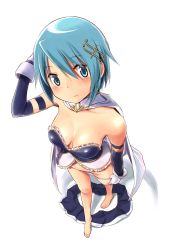 Rule 34 | 10s, 1girl, arm behind head, bad id, bad twitter id, barefoot, black skirt, blue eyes, blue hair, breasts, breasts apart, bustier, cape, cleavage, closed mouth, downblouse, dress, elbow gloves, eyebrows, fortissimo, frills, from above, full body, gloves, hair between eyes, hair ornament, hairclip, highres, inactive account, unworn legwear, lineart, looking at viewer, mahou shoujo madoka magica, mahou shoujo madoka magica (anime), matching hair/eyes, medium breasts, miki sayaka, miniskirt, musical note, musical note hair ornament, navel, panties, panty pull, parted lips, pleated skirt, short hair, simple background, skirt, unworn skirt, solo, standing, underwear, undressing, wa (genryusui), white background, white cape, white gloves, white panties