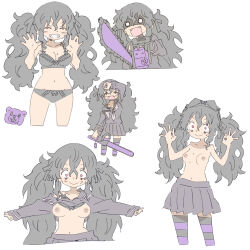 Rule 34 | 1girl, absurdres, bags under eyes, black bra, black panties, bra, bra on head, breasts, chainsaw, character sheet, closed eyes, cropped legs, cropped torso, fangs, female focus, flat color, grin, hair between eyes, highres, holding, holding chainsaw, masikakuma, medium breasts, messy hair, nipples, o o, object on head, original, pale color, panties, pleated skirt, power tool, red eyes, school uniform, serafuku, simple background, skirt, smile, solo, striped clothes, striped thighhighs, stuffed animal, stuffed toy, teddy bear, thighhighs, topless, twintails, underwear, white background