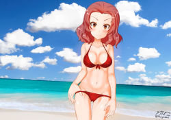 Rule 34 | 1girl, beach, bikini, bikini pull, blush, breasts, brown eyes, cleavage, closed mouth, clothes pull, female focus, front-tie bikini top, front-tie top, girls und panzer, halterneck, highres, large breasts, looking at viewer, megadeko, outdoors, red bikini, red hair, rosehip (girls und panzer), short hair, smile, solo, swimsuit
