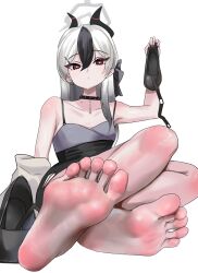 Rule 34 | 1girl, barefoot, blue archive, feet, foot focus, highres, kayoko (blue archive), kayoko (dress) (blue archive), kukoi, light blush, long hair, looking at viewer, red eyes, shoes, soles, toes, unworn shoes, white hair