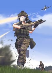 Rule 34 | 1girl, :&gt;, absurdres, ammunition pouch, arma (series), arma 3, assault rifle, blue eyes, body armor, boots, camouflage, erica (naze1940), gloves, gun, headset, helmet, highres, load bearing vest, military, military operator, military uniform, pouch, rifle, silver hair, soldier, surprised, tears, uniform, weapon, woodland camouflage
