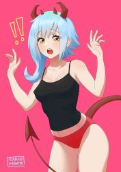 Rule 34 | !, !!, 1girl, absurdres, asymmetrical hair, blue hair, blush, borrowed character, breasts, carlo montie, covered erect nipples, cowboy shot, demon girl, demon tail, highres, horns, looking at viewer, medium breasts, open mouth, original, panties, pink background, pink lips, red panties, solo, tail, tank top, underwear, yellow eyes