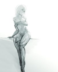 Rule 34 | 1girl, android, covering privates, covering breasts, expressionless, greyscale, hair between eyes, highres, ishiyumi, joints, mechanical arms, mechanical buddy universe, mechanical legs, momdroid (mechanical buddy universe), monochrome, nude, robot joints, science fiction, short hair, solo