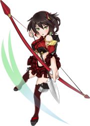 Rule 34 | 1girl, arrow (projectile), artist request, bare shoulders, black hair, bow, bow (weapon), breasts, detached sleeves, drawing bow, earrings, frilled shirt collar, frilled skirt, frills, full body, green eyes, holding, holding arrow, holding bow (weapon), holding weapon, jewelry, large breasts, looking at viewer, midriff, miniskirt, nabegama (oshiro project), navel, official art, open mouth, oshiro project:re, oshiro project:re, short hair, skirt, solo, thighhighs, transparent background, weapon