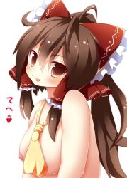 Rule 34 | 1girl, :p, :q, bad id, bad pixiv id, beni shake, blush, breasts, brown hair, female focus, hair tubes, hakurei reimu, large breasts, long hair, loose necktie, naked necktie, necktie, nipples, red eyes, simple background, solo, tongue, tongue out, topless, touhou, translation request, white background