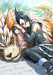 Rule 34 | 1girl, arcanine, black capelet, black footwear, black hair, blue eyes, blush, boots, capelet, closed mouth, commentary request, creatures (company), detached sleeves, game freak, gen 1 pokemon, hair between eyes, hair ornament, hand on own arm, highres, legs together, marley (pokemon), nabe puyo, nintendo, pokemon, pokemon (creature), pokemon dppt, skirt, smile