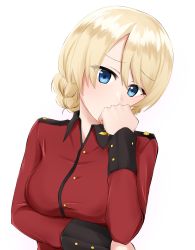 Rule 34 | 1girl, blonde hair, blue eyes, blush, braid, braided bun, commentary, covering own mouth, darjeeling (girls und panzer), girls und panzer, hair bun, hand to own mouth, head tilt, high (okina), highres, jacket, long sleeves, looking at viewer, military, military uniform, red jacket, short hair, simple background, solo, st. gloriana&#039;s military uniform, twin braids, uniform, upper body, white background