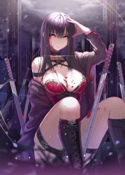Rule 34 | 1girl, black footwear, blood, boots, breasts, choker, cleavage, corset, cross-laced footwear, fishnet thighhighs, fishnets, katana, knee boots, lace-up boots, large breasts, long hair, mingou91, nail polish, original, planted, planted sword, planted weapon, purple eyes, purple hair, red eyes, solo, sword, thighhighs, weapon