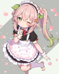 Rule 34 | 1girl, alternate costume, alternate hair color, blush, bow, bowtie, child, closed mouth, commentary request, cross-shaped pupils, dress, flower, frilled dress, frills, full body, genshin impact, green eyes, green hair, hair flower, hair ornament, highres, leaf hair ornament, leg up, long hair, luckyeldayo, maid, maid headdress, multicolored hair, nahida (genshin impact), one eye closed, pink hair, puffy short sleeves, puffy sleeves, red bow, red bowtie, short sleeves, side ponytail, solo, stirrup footwear, symbol-shaped pupils, toeless footwear, two-tone hair, white footwear