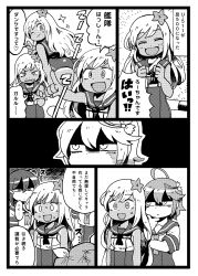 Rule 34 | 0 0, 10s, 4girls, :d, bad id, bad twitter id, bow, claw pose, comic, crop top, closed eyes, flower, flower on head, glaring, greyscale, hair bow, hair flower, hair ornament, hand on own chin, i-168 (kancolle), i-19 (kancolle), i-58 (kancolle), kantai collection, long hair, mizuno (okn66), monochrome, multiple girls, nervous, one eye closed, open mouth, pointing, ro-500 (kancolle), sailor collar, school swimsuit, scowl, shaded face, smile, snarl, sparkle, surrounded, sweat, swimsuit, swimsuit under clothes, tan, tanline, torpedo, tri tails, u-511 (kancolle), v