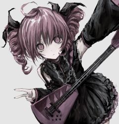 Rule 34 | 1girl, ahoge, bow, center frills, chain, chan8016, detached sleeves, dress, drill hair, expressionless, frills, guitar, hair bow, highres, instrument, kasane teto, long hair, long sleeves, looking at viewer, pink eyes, pink hair, reaching, reaching towards viewer, sleeveless, sleeveless dress, solo, twin drills, utau, v, white background