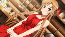 Rule 34 | 10s, 1girl, apron, asuna (sao), bare shoulders, blush, brown eyes, brown hair, dutch angle, game cg, long hair, naked apron, solo, sword art online, sword art online: hollow fragment