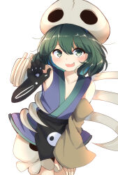 Rule 34 | 1other, androgynous, brown sleeves, commentary request, cowboy shot, detached sleeves, fang, green eyes, green hair, green trim, hand up, highres, japanese clothes, kimono, kitsugai sese, len&#039;en, medium hair, open mouth, other focus, ougi hina, puffy shorts, purple kimono, shorts, simple background, single detached sleeve, skeletal arm, skin fang, skull on head, skull print, sleeveless, sleeveless kimono, smile, solo, white background, white shorts