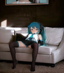 Rule 34 | 1girl, absurdres, ai-assisted, aqua hair, aqua necktie, aqua panties, arm support, bare shoulders, black skirt, black sleeves, black thighhighs, blue eyes, blush, carpet, closed mouth, commentary, couch, detached sleeves, english commentary, full body, hair ornament, hatsune miku, highres, indoors, leaning back, legs, long hair, long sleeves, looking at viewer, miniskirt, necktie, no shoes, panties, pantyshot, pleated skirt, shirt, sidelocks, sitting, skirt, sleeveless, sleeveless shirt, slouching, solo, spread legs, striped clothes, striped panties, sweetonedollar, thighhighs, thighs, twintails, underwear, vocaloid, white panties, white shirt