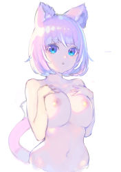 Rule 34 | 1girl, animal ears, blue eyes, blunt bangs, bob cut, breast suppress, breasts, cat ears, cat tail, colored eyelashes, cowboy shot, enkyo yuuichirou, hands up, highres, large breasts, looking at viewer, navel, nipples, nude, original, parted lips, purple hair, short hair, simple background, solo, standing, tail, white background