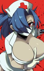 Rule 34 | + +, 1girl, blood, blue hair, breasts, cleavage, cross, eyepatch, gloves, hair over eyes, hair over one eye, hat, highres, holding, holding weapon, large breasts, looking at viewer, mask, miso dengaku (donadonaton), mouth mask, nurse, nurse cap, one-eyed, ponytail, red background, red cross, red eyes, simple background, skullgirls, solo, surgical mask, symbol-shaped pupils, valentine (skullgirls), weapon, white gloves