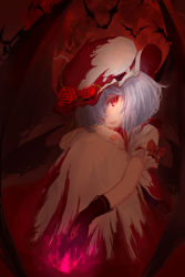 Rule 34 | 1girl, bat (animal), black gloves, blood, blood on clothes, bow, commentary request, dress, fang, fetal position, flower, gloves, hair over one eye, hand on own knee, hat, hat flower, highres, light purple hair, mob cap, one eye covered, plant, puffy short sleeves, puffy sleeves, red bow, red eyes, remilia scarlet, rinrin-shi, rose, short hair, short sleeves, single glove, sitting, slit pupils, solo, touhou, vines, white dress, wings