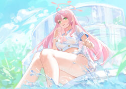 Rule 34 | 1girl, absurdres, ass, blue archive, blue sailor collar, breasts, day, green eyes, halo, hanako (blue archive), highres, large breasts, long hair, meinoss, outdoors, pink hair, pink halo, sailor collar, school uniform, serafuku, short sleeves, skirt, solo, water, wet, wet clothes, wet skirt, white skirt