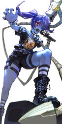 Rule 34 | 1girl, @ @, alternate costume, belt, belt buckle, black nails, blue hair, blue skin, boots, bracelet, buckle, choker, collarbone, colored skin, contemporary, dethmaid, eyeshadow, hair over one eye, half-closed eyes, highres, jewelry, leviathan (skullgirls), makeup, microphone, music, o-ring, open mouth, red eyes, shirt, shorts, side ponytail, singing, skeletal arm, skullgirls, socks, solo, spiked bracelet, spikes, squigly (skullgirls), stitched mouth, stitches, striped clothes, striped socks, t-shirt, thighlet, white background, zombie